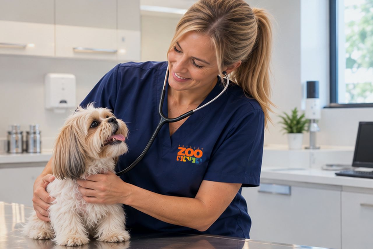 Veterinária da Estação Zoo com um shih-tzu no consultório