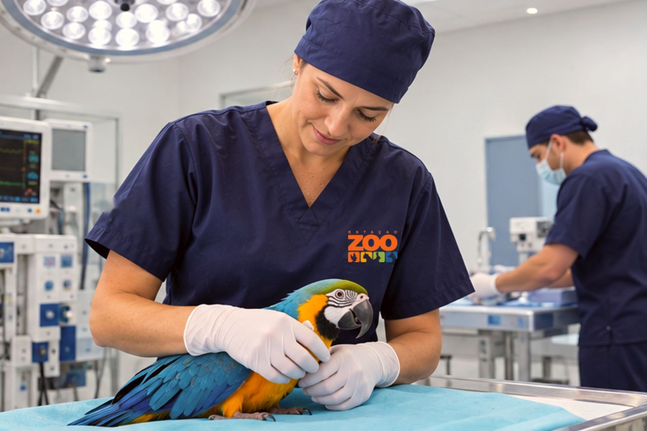 Veterinária da Estação Zoo examina uma arara-canindé na mesa de atendimento