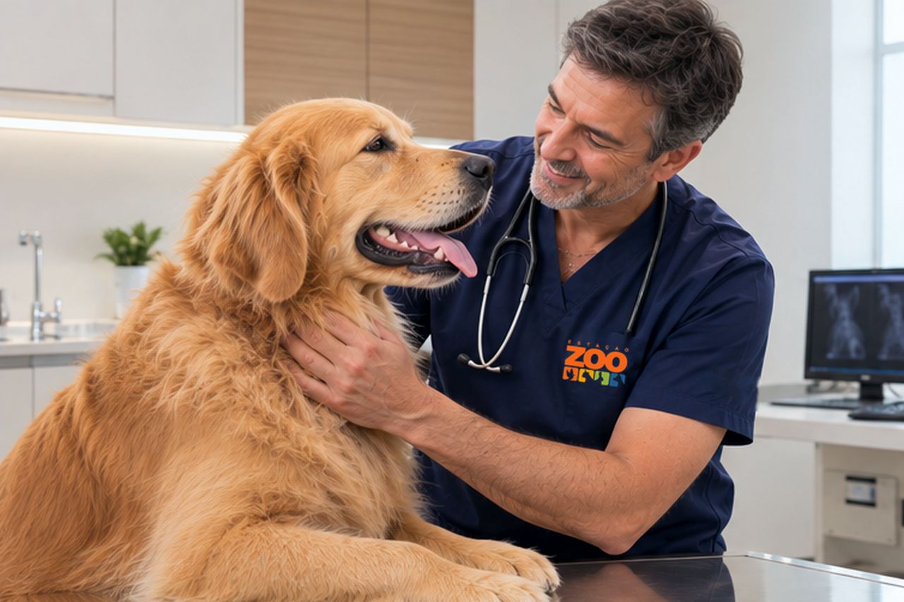 Veterinário da Estação Zoo com um golden retriever no consultório