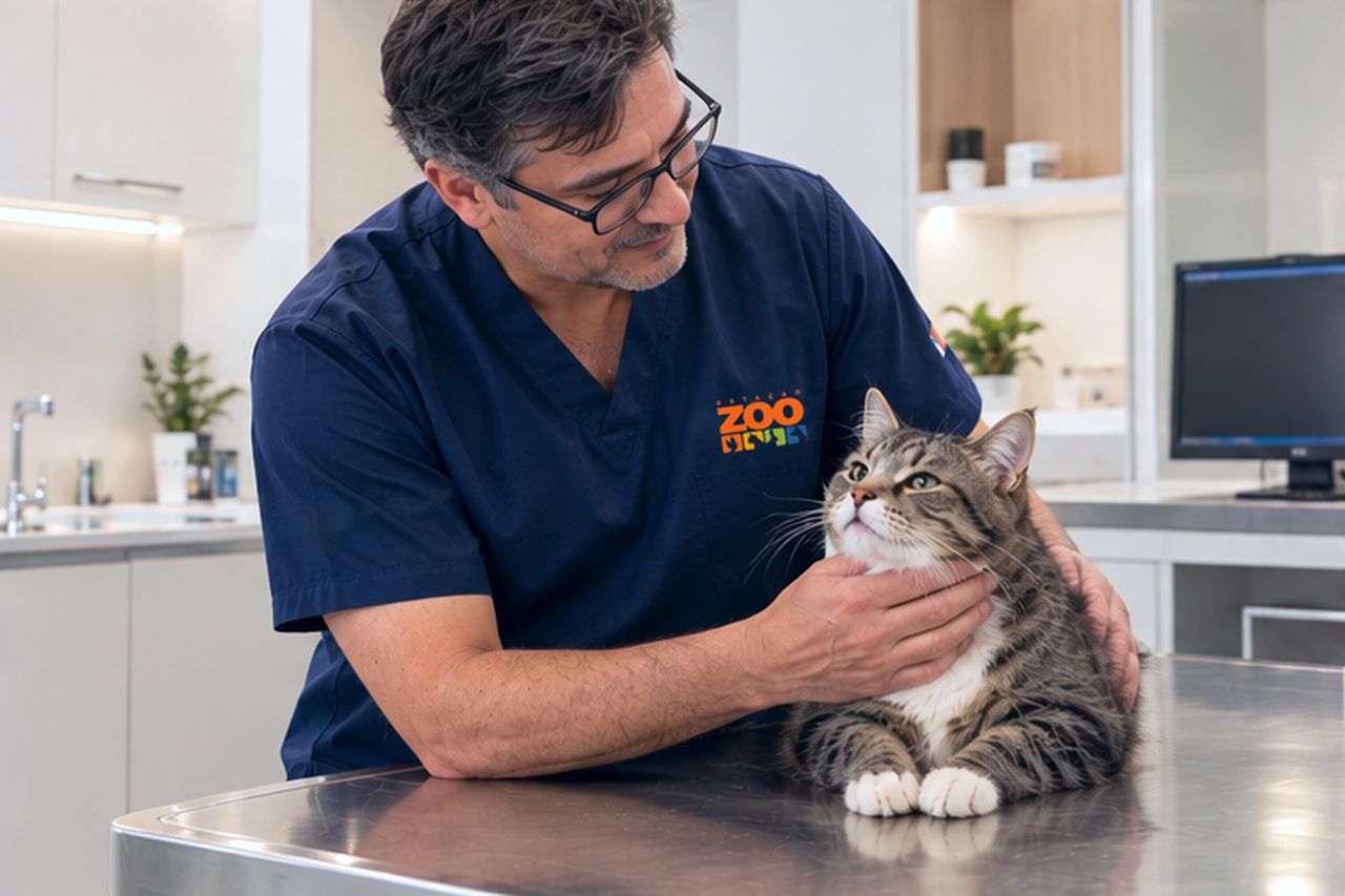 Veterinário da Estação Zoo acaricia um gato durante a consulta